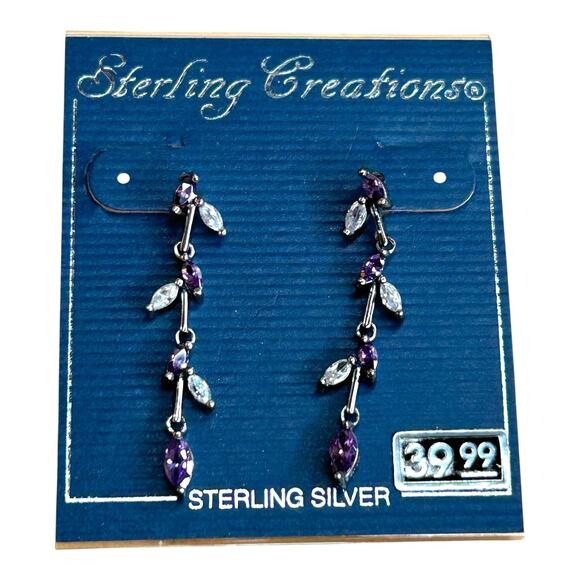 Vintage Sterling Silver Purple Clear CZ Vine Dangle Earrings - Picture 1 of 5